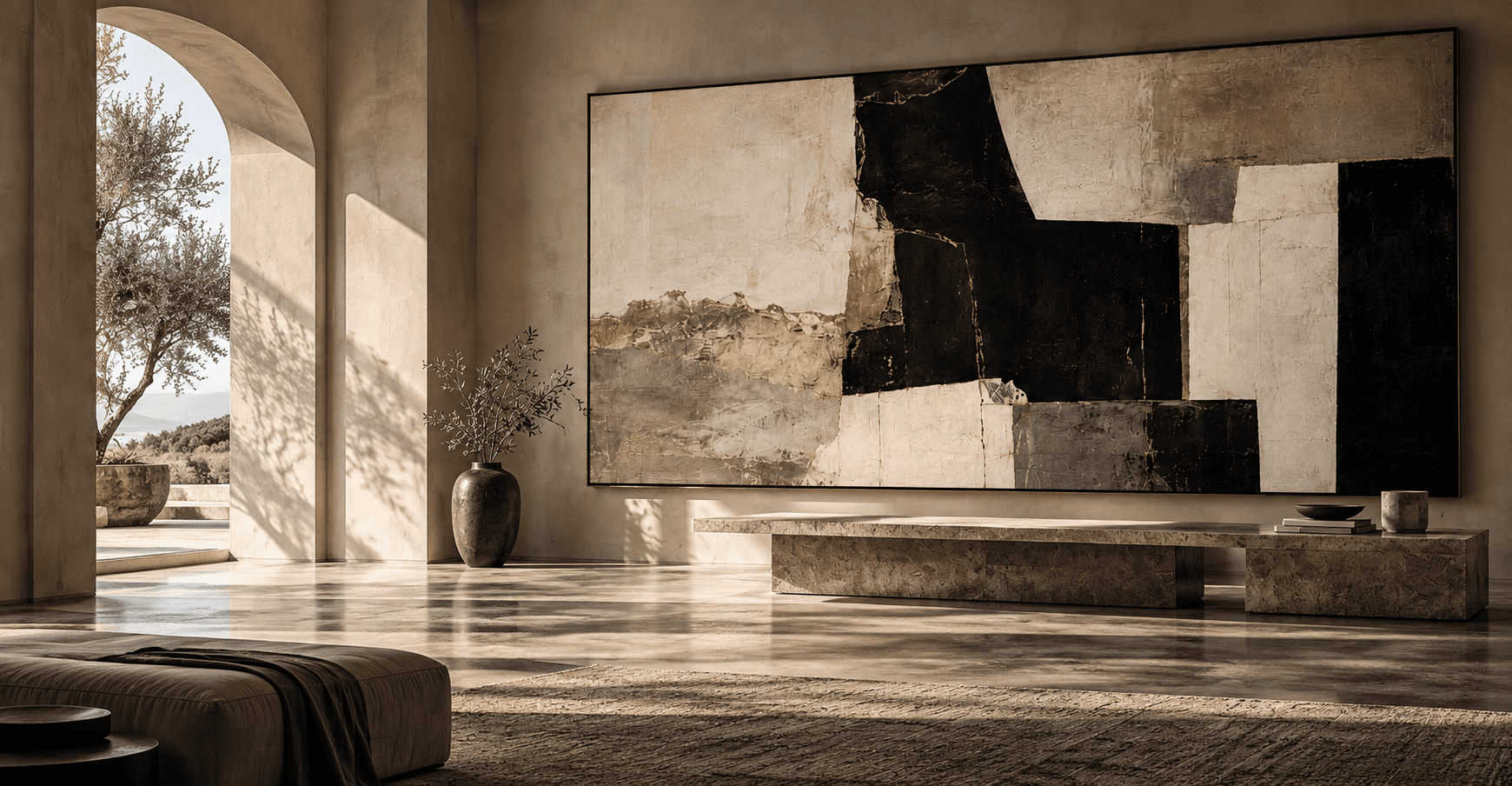 Monumental contemporary abstract artwork in a warm gallery